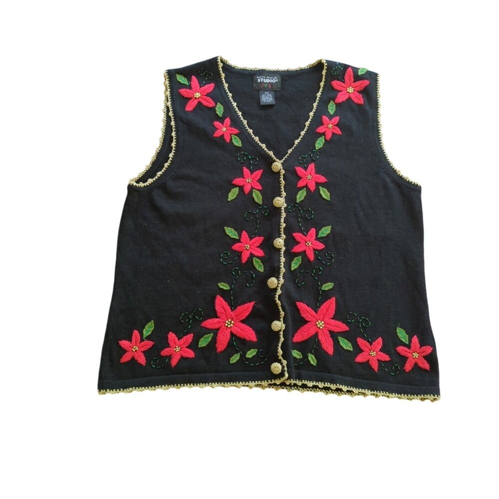 Black Christmas Black Poinsettia Sweater Vest by Designers Originals Studio Joy